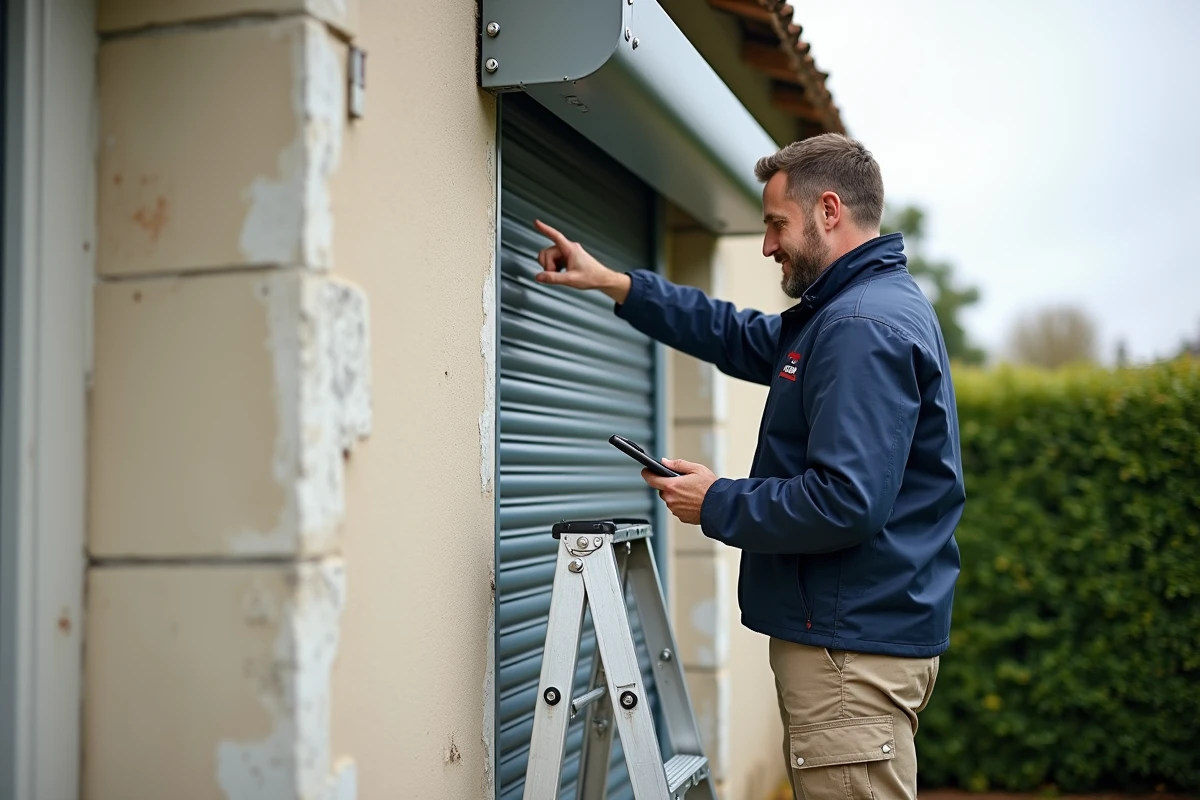 Technicien professionnel inspectant un volet roulant Bubendorff sur façade en pierre avec une tablette de diagnostic