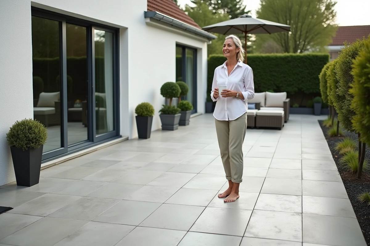 Terrasse rénovée avec dalles sur plots posées sur ancienne dalle béton, femme profitant de l'espace extérieur refait à neuf