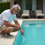 Homme d'âge moyen testant l'eau de piscine avec un appareil digital