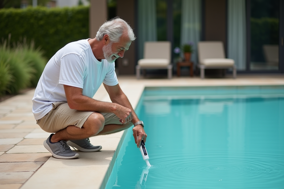 Homme d'âge moyen testant l'eau de piscine avec un appareil digital