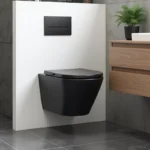 Toilette suspendu noir mat avec meuble vasque en bois de chêne naturel dans une salle de bain minimaliste