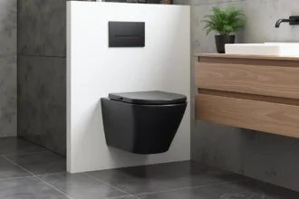 Toilette suspendu noir mat avec meuble vasque en bois de chêne naturel dans une salle de bain minimaliste