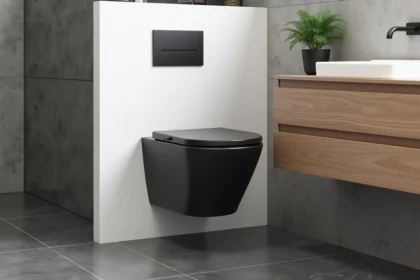Toilette suspendu noir mat avec meuble vasque en bois de chêne naturel dans une salle de bain minimaliste