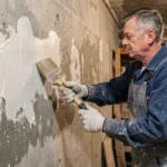 Entrepreneur appliquant un enduit hydrofuge sur un mur de sous-sol humide avec des traces d'efflorescence