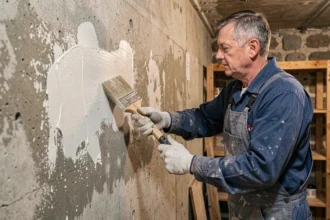 Entrepreneur appliquant un enduit hydrofuge sur un mur de sous-sol humide avec des traces d'efflorescence