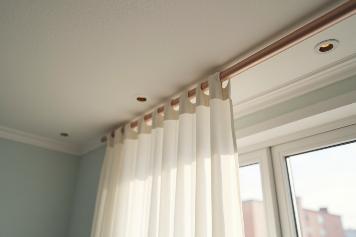Détail du plafond avec trous mal percés et tringle de rideau mal fixée