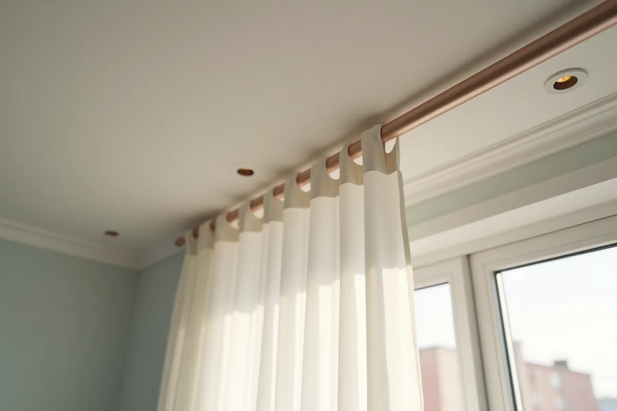 Détail du plafond avec trous mal percés et tringle de rideau mal fixée