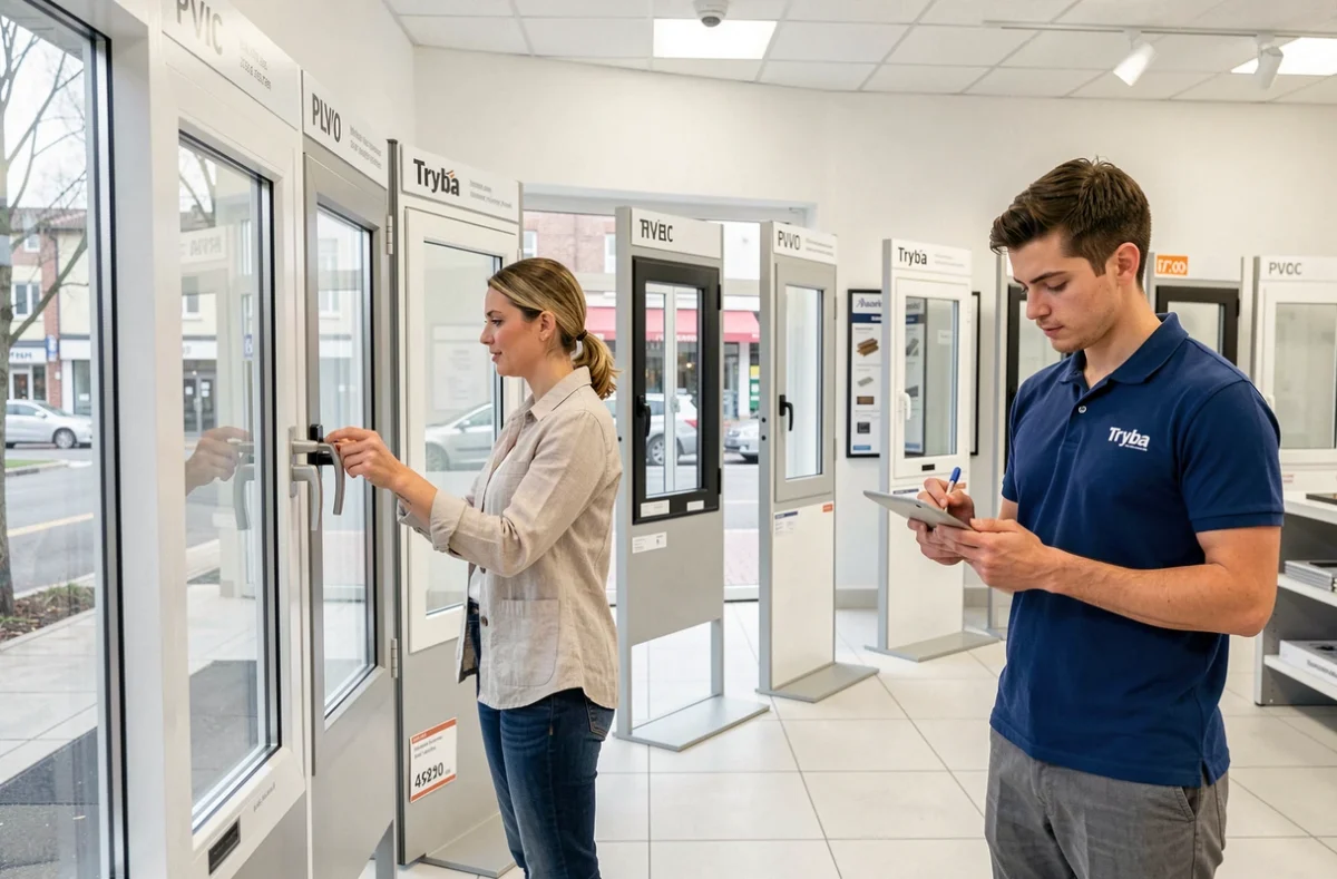 Cliente examinant un mécanisme de poignée de fenêtre PVC dans le showroom Tryba Tours accompagnée d'un conseiller de vente prenant des notes sur tablette