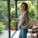 Femme souriante dans une veranda moderne et lumineuse