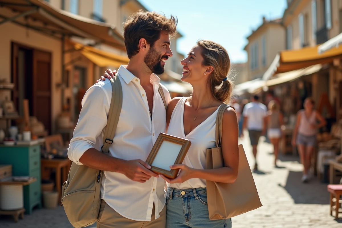 Couple souriant découvrant un cadre vintage lors d'un vide grenier animé à Montpellier