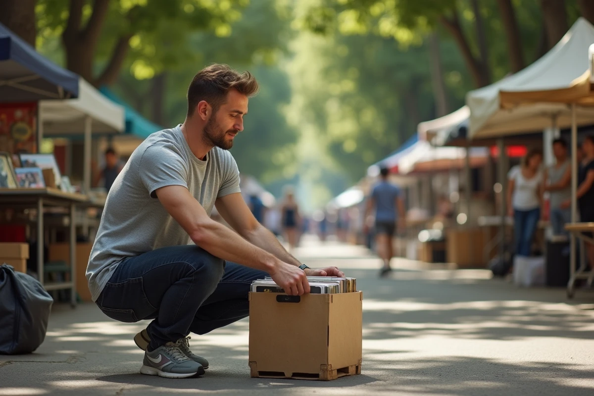 Homme feuilletant des disques vinyles dans un vide grenier en plein air à Montpellier un samedi matin