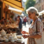 Femme examinant de la vaisselle ancienne sur un étal de vide grenier à Montpellier par une journée ensoleillée