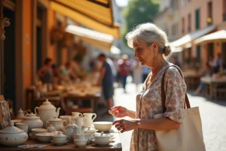 Femme examinant de la vaisselle ancienne sur un étal de vide grenier à Montpellier par une journée ensoleillée