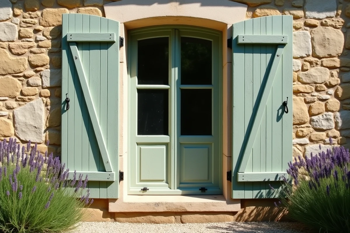 Volets en bois de douglas vert sauge installés sur la façade en pierre d'une maison provençale traditionnelle entourée de lavande