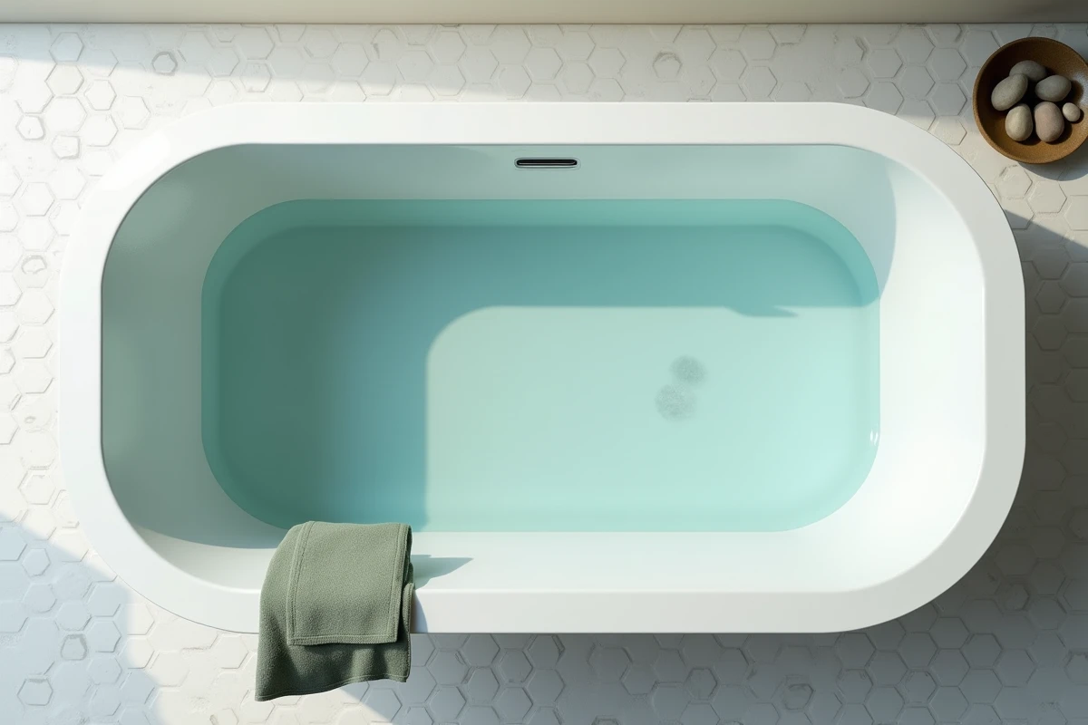Vue aérienne d'une baignoire profonde avec eau claire et accessoires de salle de bain sur carrelage mosaïque blanc