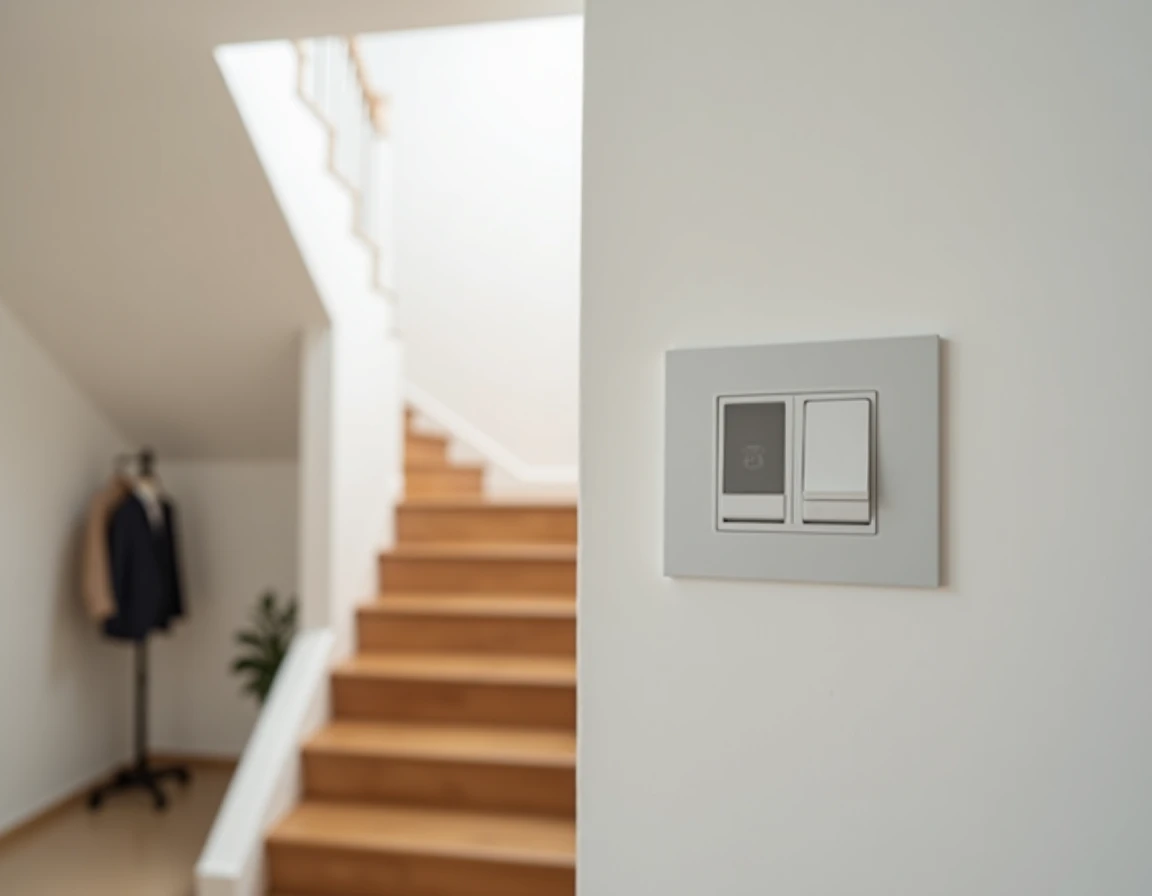 Vue d'ensemble d'un escalier résidentiel avec bouton poussoir Legrand installé proprement sur le mur